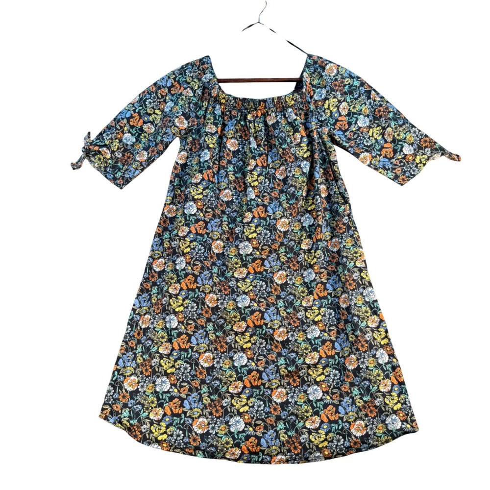 Bobeau Floral A-Line Dress Black Multi Daisy Square Neck Tie Sleeve XS